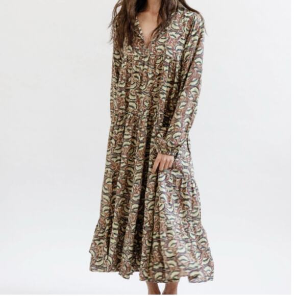 Maleu Washed Cotton Block Print Burgundy Floral Tiered Maxi Dress S - Picture 1 of 8